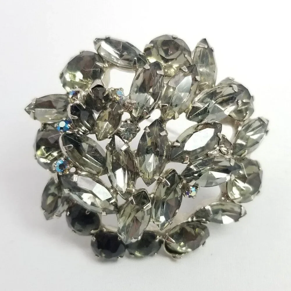 Vintage Gray Rhinestone Cluster Brooch, Marquise Shape, Silver Tone, 2 Inch - Picture 5 of 6